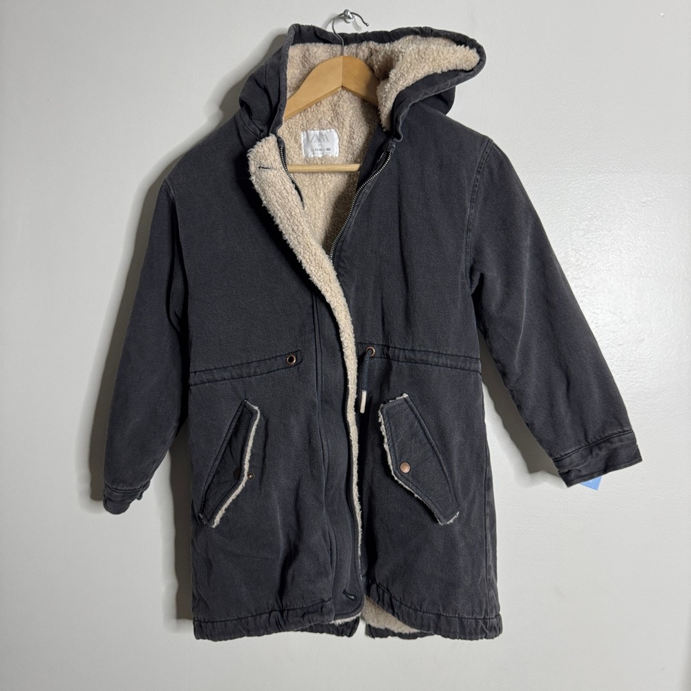 Zara Kids Black Parka Jacket Hooded 11 / 12 Sherpa Lined Winter Coat